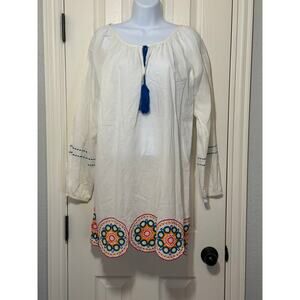 MudPie Embroidered Boho Dress Tassel Tie Peasant Style White Tunic M